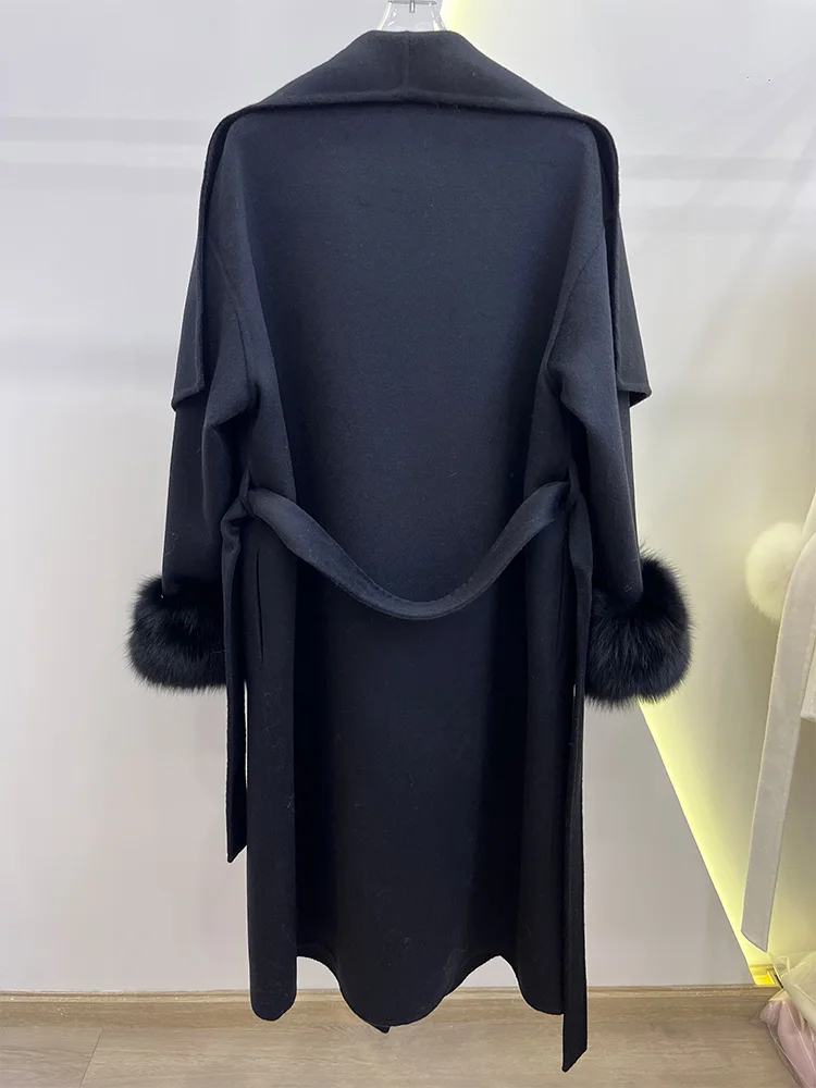 سترة صوف شتوية للسيدات لعام 2025 معطف فاخر من فرو الثعلب الحقيقي ملابس فضفاضة من الكشمير مزدوج