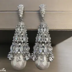 Bilincolor Silver Color Crytal Clear Cubic Zirconia White Pearl Baroque Earring for Women