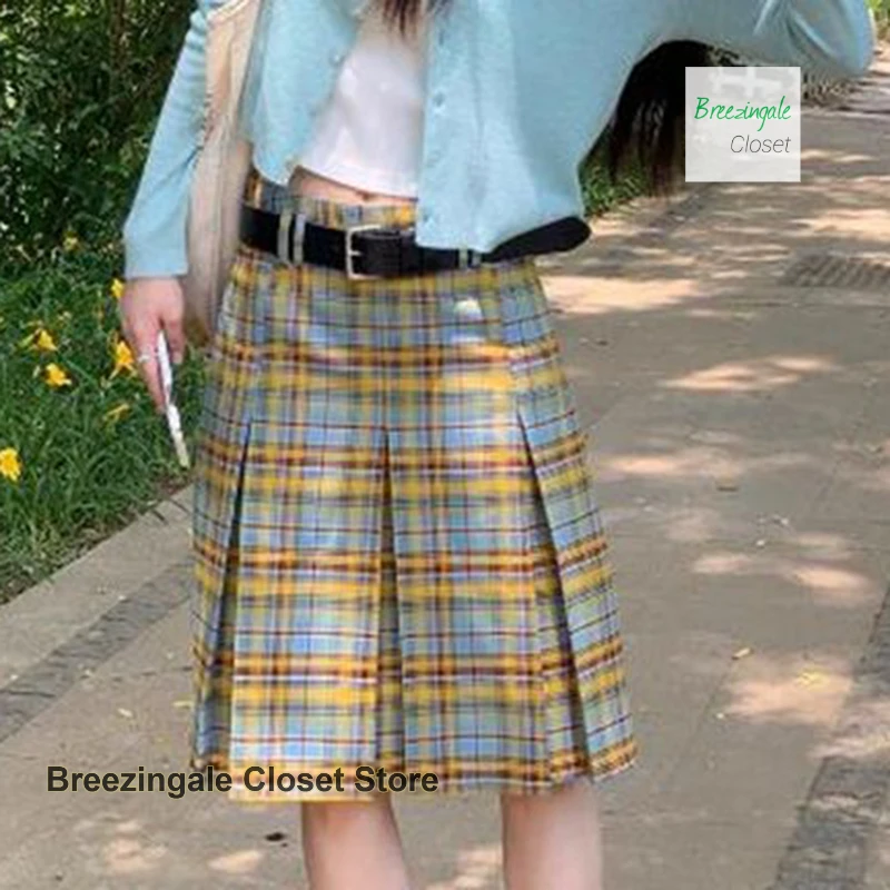 Korean blue and yellow plaid A-word skirt women's spring and autumn skirt sweet retro fashion temperament high waist slim skirt