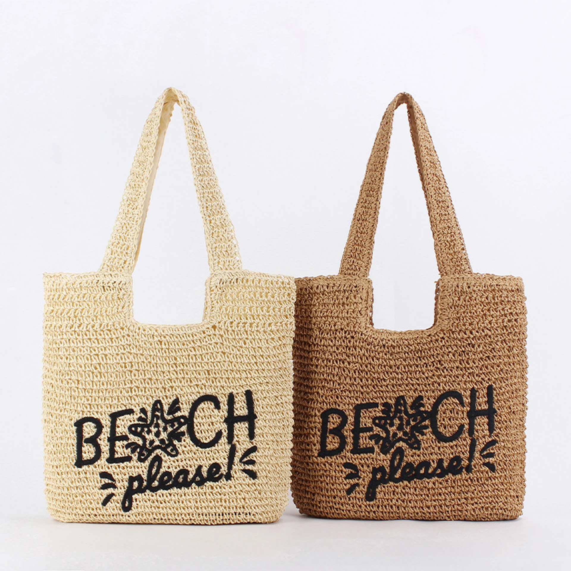 Women Straw Shoulder Bag Large Capacity Letter Tote Handbag Versatile Crochet Travel Bag Female Leisure Bags Summer Beach Purse
