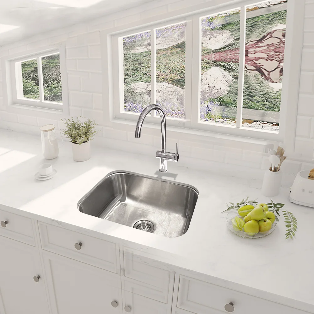 Modern Single Bowl Rectangular Stainless Steel Undermount One Hole Brushed Finish Kitchen Sink With Customized Thickness Faucet