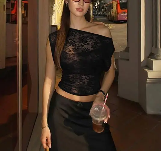 

2026 Summer New Women's Fashion Sexy Slim Fit Hollow Lace Slant Neck Tight T-shirt Perspective Top Women's Wear