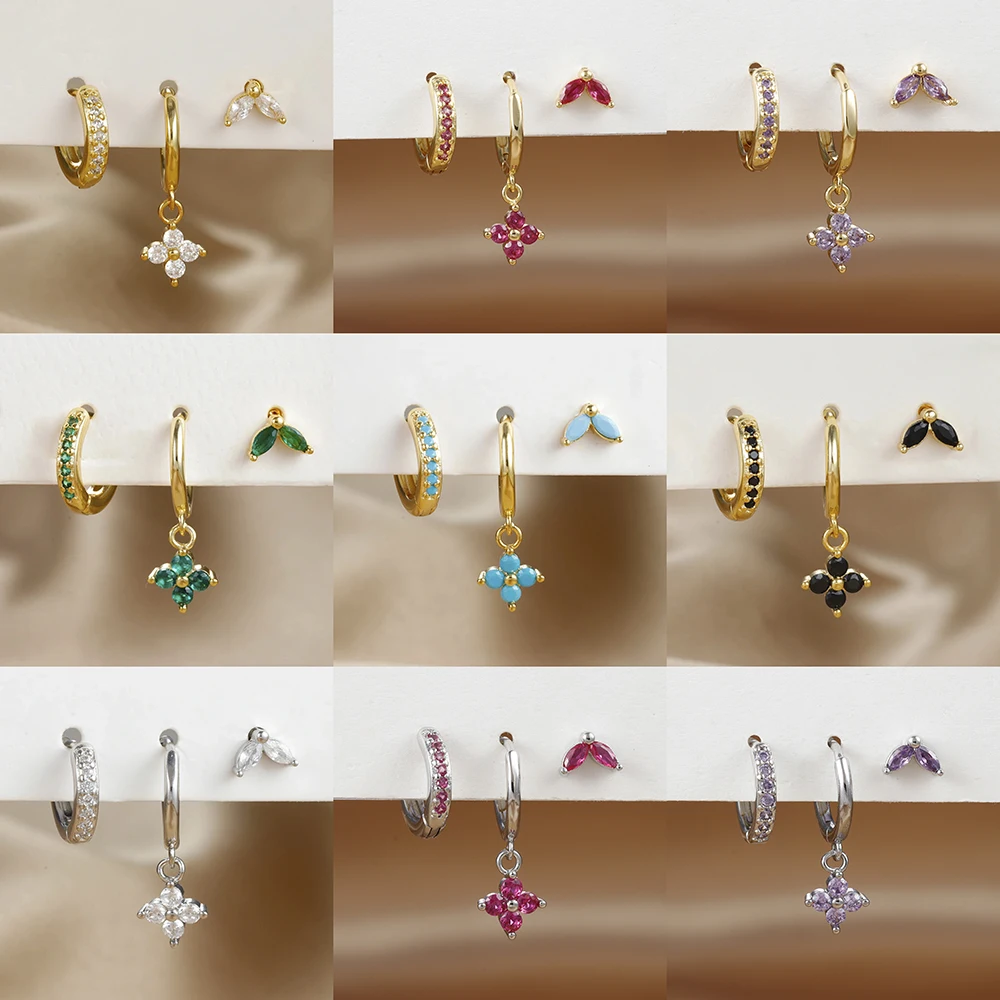 3 szt. Cyrkon ze stali nierdzewnej wisiorek kwiatowy zestaw kolczyków Hoop dla kobiet prosty mały złoty kolor chrząstka Piercing biżuteria aretes