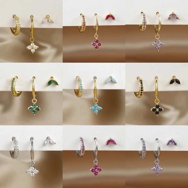 3 szt. Cyrkon ze stali nierdzewnej wisiorek kwiatowy zestaw kolczyków Hoop dla kobiet prosty mały złoty kolor chrząstka Piercing biżuteria aretes