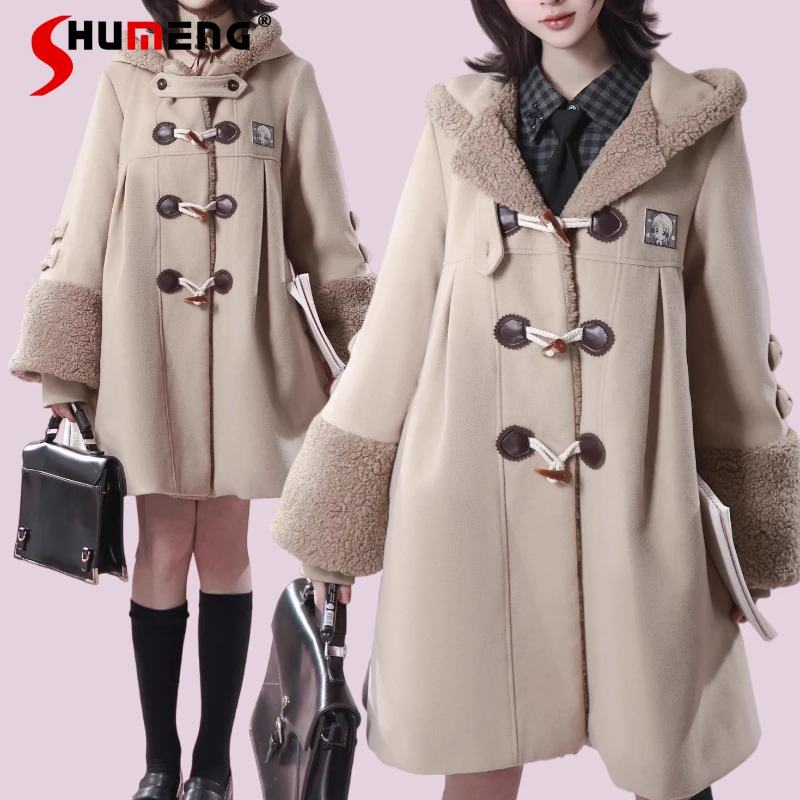 

2026 Autumn Winter New Pleated A-line Woolen Patchwork Hooded College Jacket Long-sleeves Single-breasted Coat Outerwear Ladies