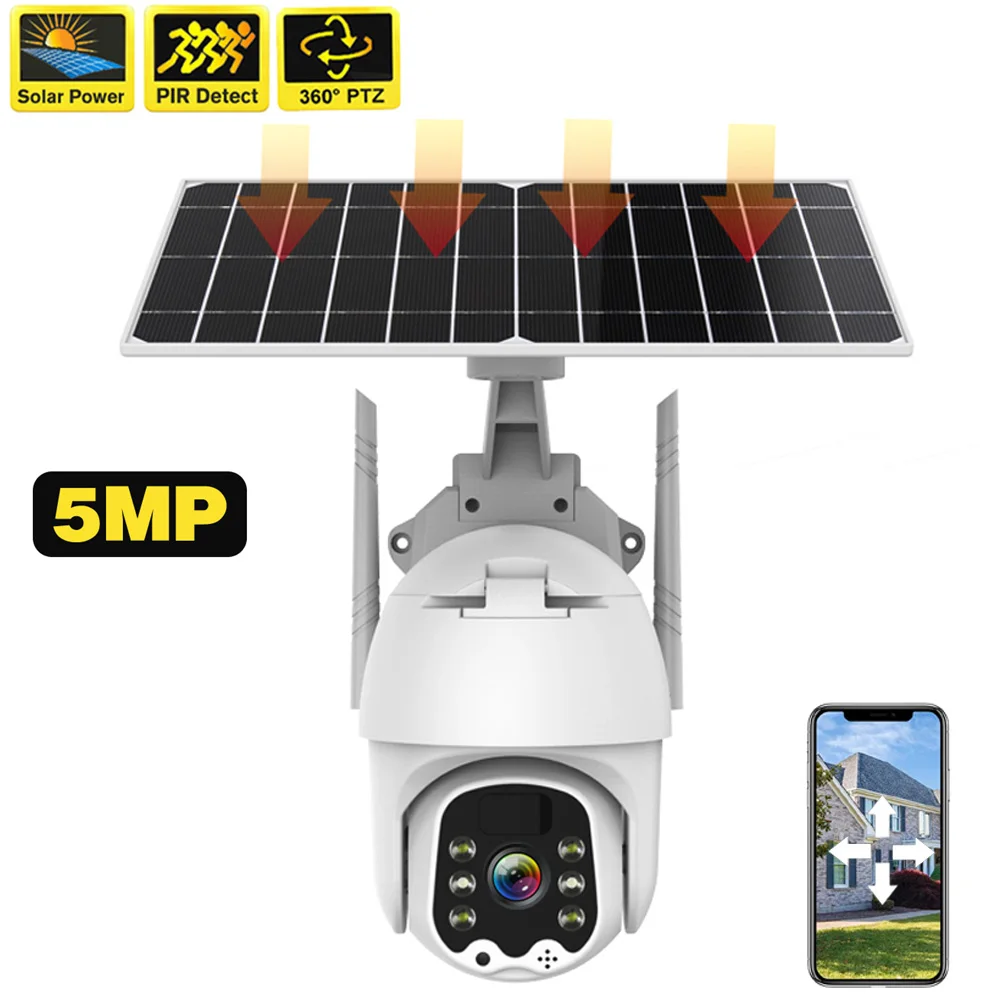 HD 5MP Wireless WiFi 4G Camera Solar Panel Rechargable Battery Powered Outdoor Security Protection CCTV PTZ Surveillance IP Cam