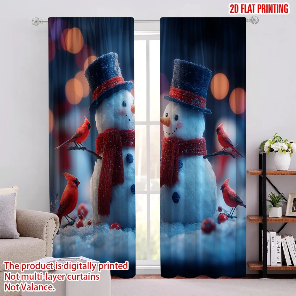 

2pcs 2D flat printing Window Curtains Two Snowmen Cardinals Christmas Digital Printed Polyester Drapes Family Party for Holiday