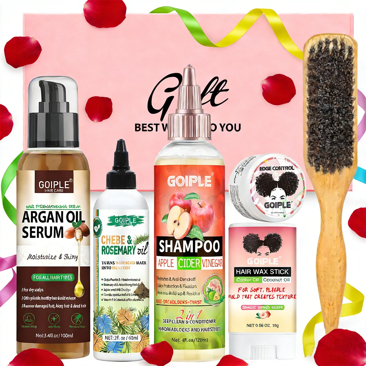 

Набор для ухода за волосами ко Дню святого Валентина: натуральное аргановое масло, масло розмарина и чебе, шампунь с яблочным уксусом, воск для укладки и контроля волос