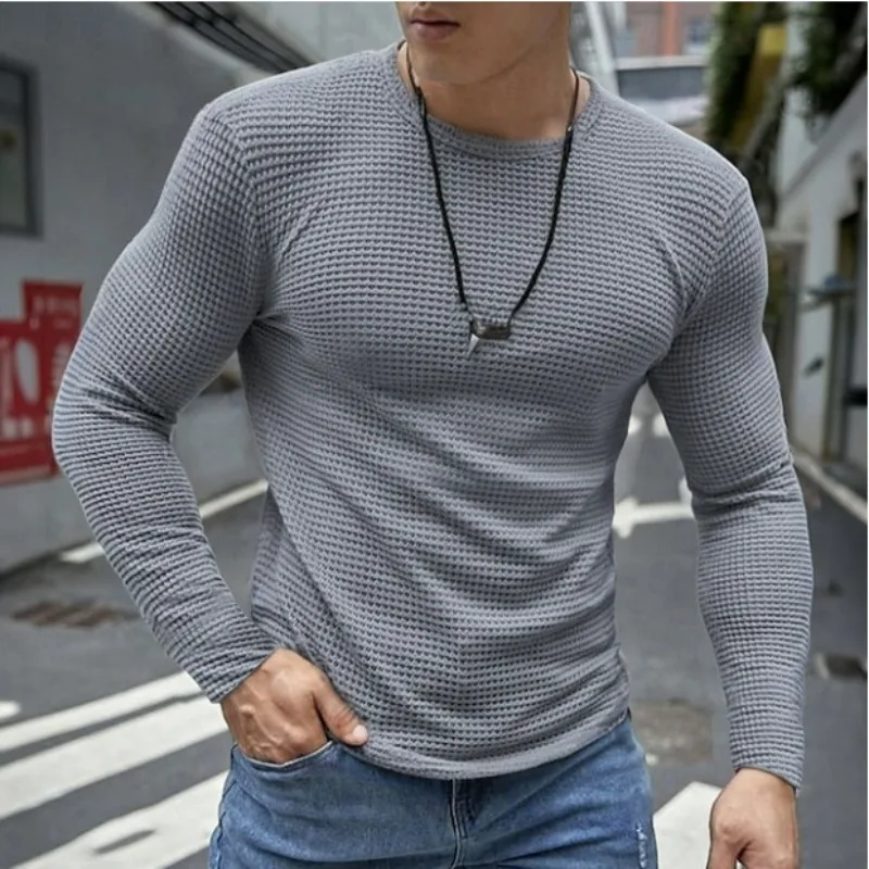 KIDWHXR Man T-shirt Autumn Simple Solid Plaid Round Neck Men Tops Slim Long Sleeve Comfortable Male Sport Casual Pullovers