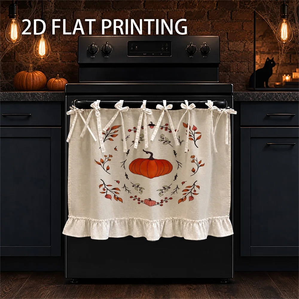 1PC kitchen stove curtain, cabinet curtain, apron. Featuring a 2D graphic design with Halloween themed fall pumpkins and leaves.