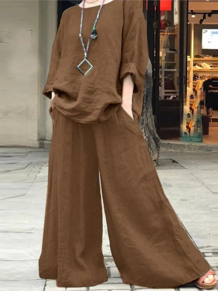 Spring Cotton Linen Women Pocket Suit Black Loose Top Wide-leg Pants Sets 2024 Female Summer Trendy Casual Elegant Suits Ladie