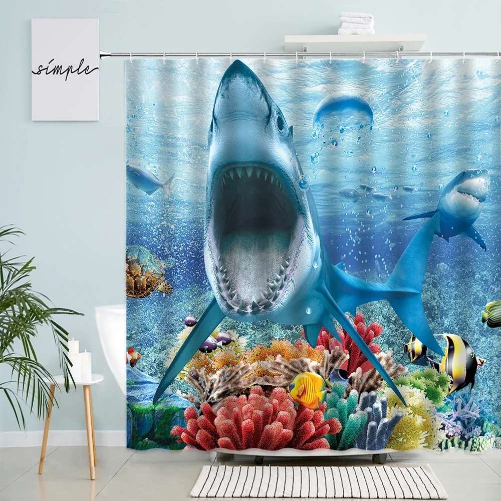 Dolphin Shark Shower Curtain Coral Tropical Fish Sea Turtle Underwater World Landscape Modern Children Bathroom Curtains Decor