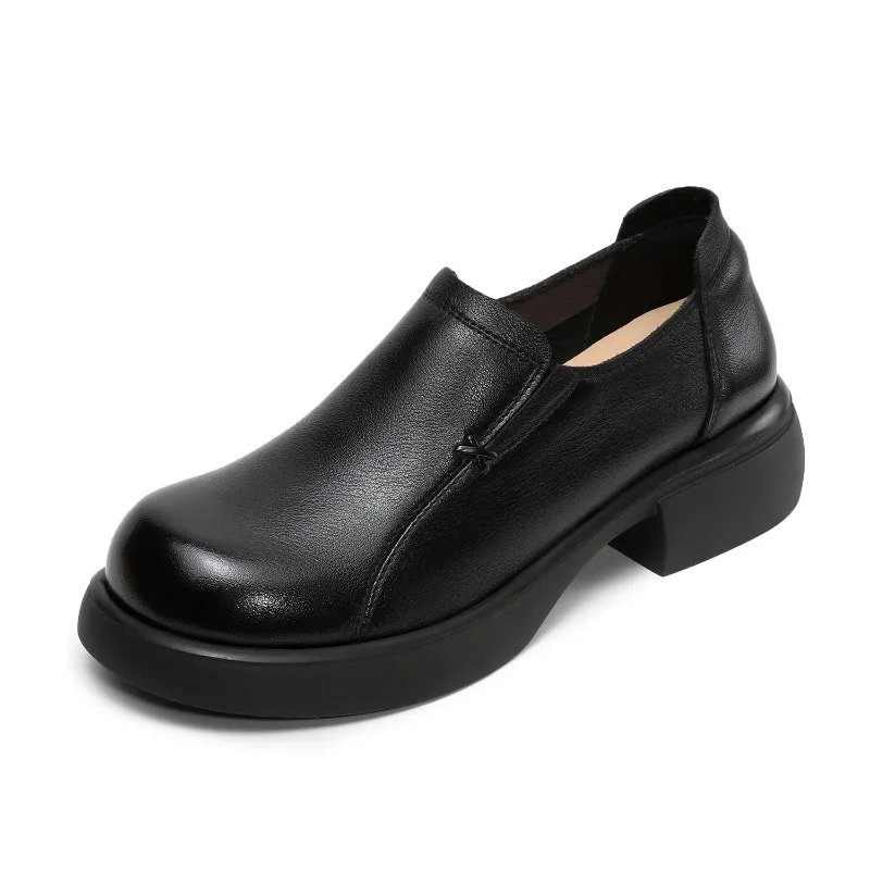 

British Style Ladies Shoes Spring Autumn Mid Thick Heel Genuine Cow Leather Slip On Loafers Women Casual Single Shoes