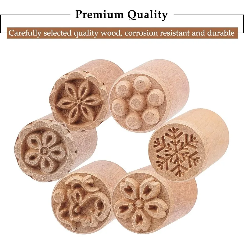 6PCS Wood Stamp Set Flower & Rabbit Shaped Column Wooden Stamps Natural Wood Stamps for Clay Valentine\'s Day Easter Gift