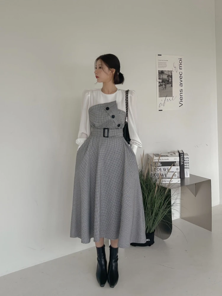 الخريف الرجعية جولة الرقبة وهمية قطعتين الربط اللباس الكورية العصرية تصميم عالية الخصر منقوشة فستان طويل الأكمام OL نمط فساتين