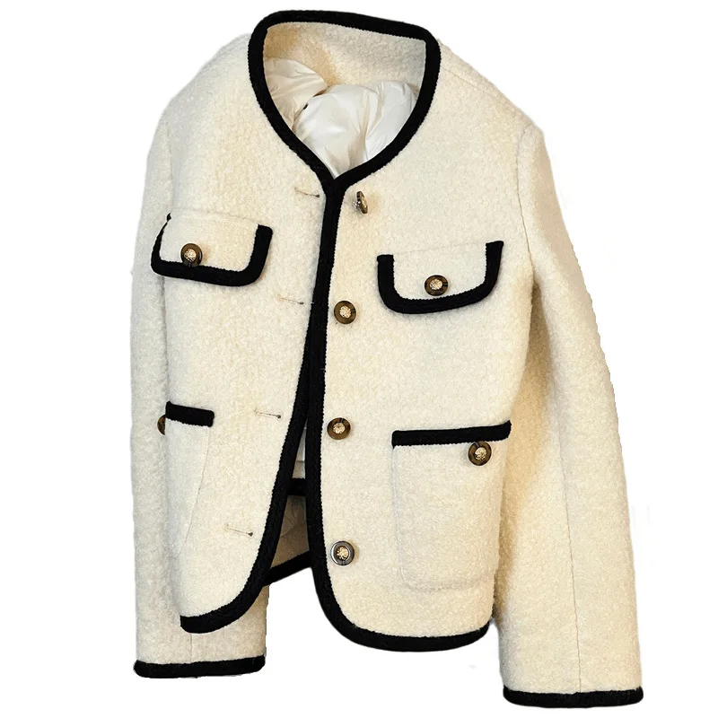 Off White Fragrant Down Liner Jacket with Warm Women's Fashionable French Lady Woolen Contrasting Casual High Quality Jacket