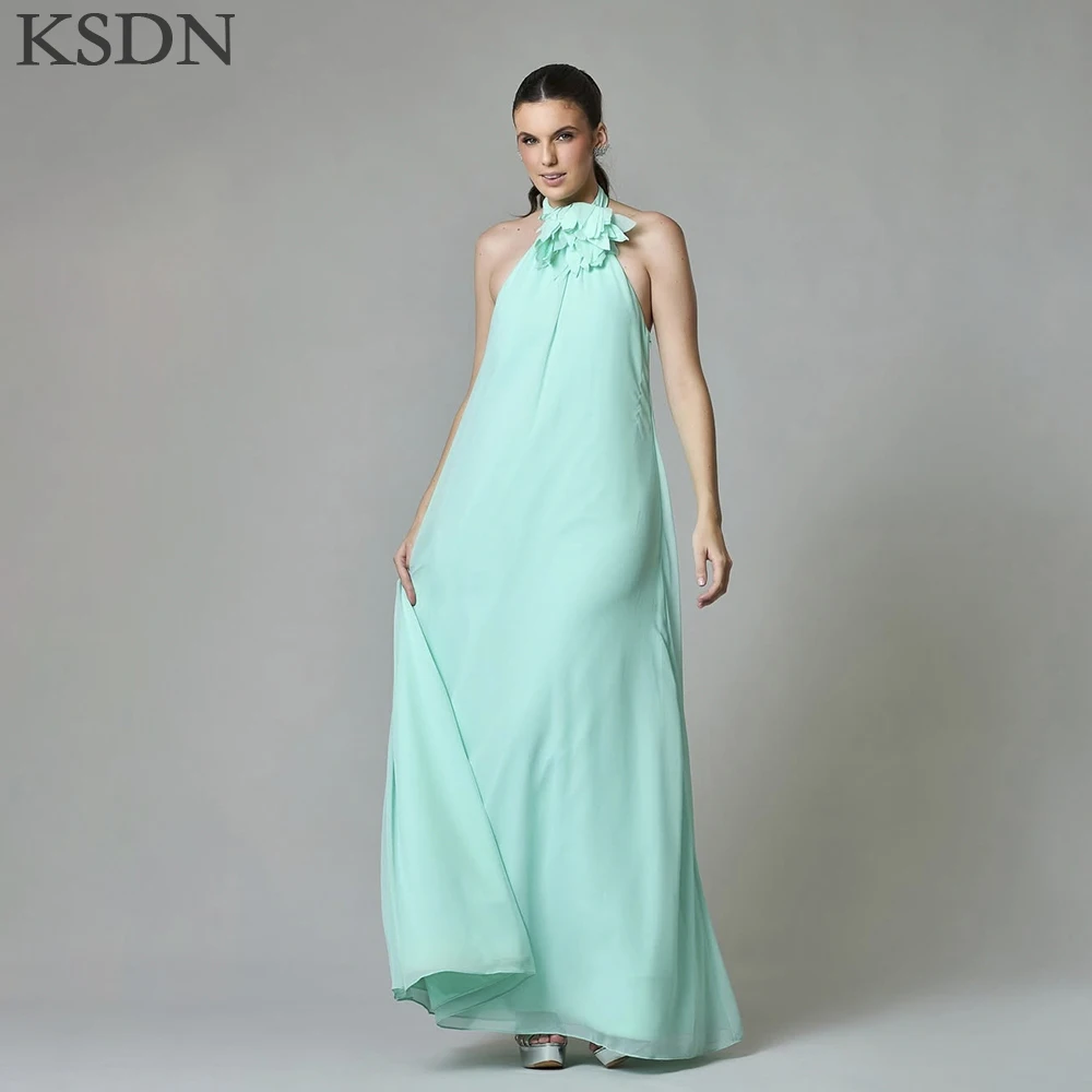 

KSDN Fashion Evening Dresses Halter Sleeveless Floor Length Gowns Formal Backless Customzied Chiffon Prom Dress Vestidos