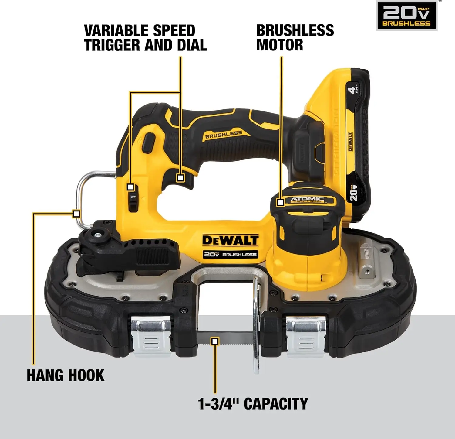 DEWALT ATOMIC 20V MAX* Sem Escova Sem Fio 1-3/4 pol. Kit de serra de fita compacta (DCS377Q1)