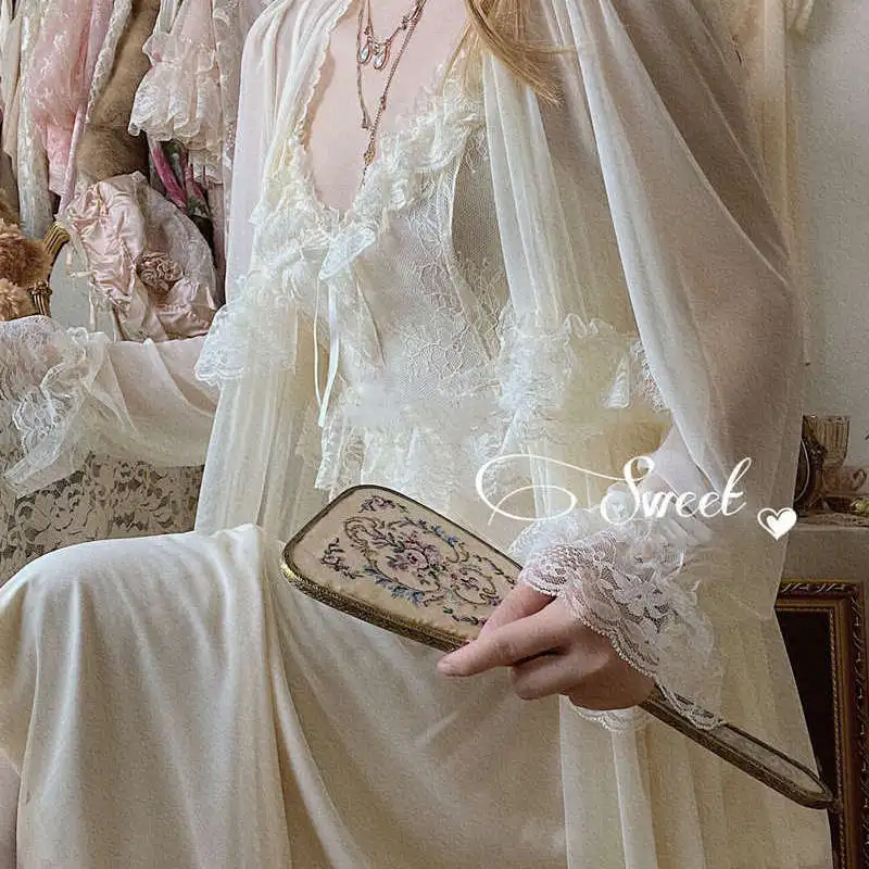 Lace Vintage Nightgown French Retro Court Style Ultra-thin Nightdress Dressing Gown V Neck Super Fairy Lounge Wear Home Summer