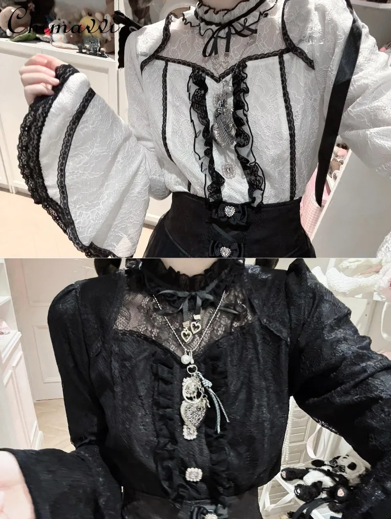 

Japanese Subculture Girl Women's Rhinestone Buckle Lolita Lace Ji Sleeve Shirt High Waist Skirt 2-Piece Set Slim Skirt Suits