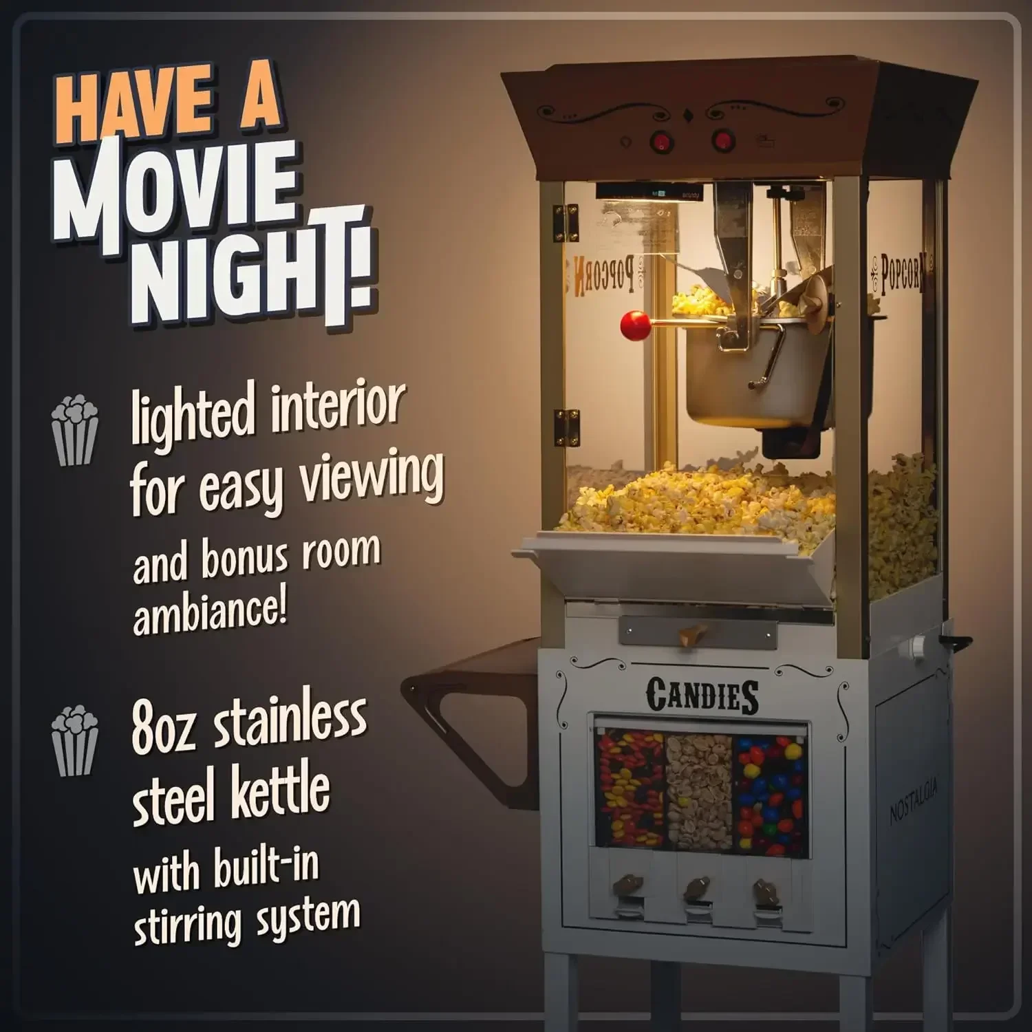 Popcorn Maker Machine - Professional Cart With 8 Oz Kettle Makes Up to 32 Cups - Vintage Popcorn Machine Movie Theater Style