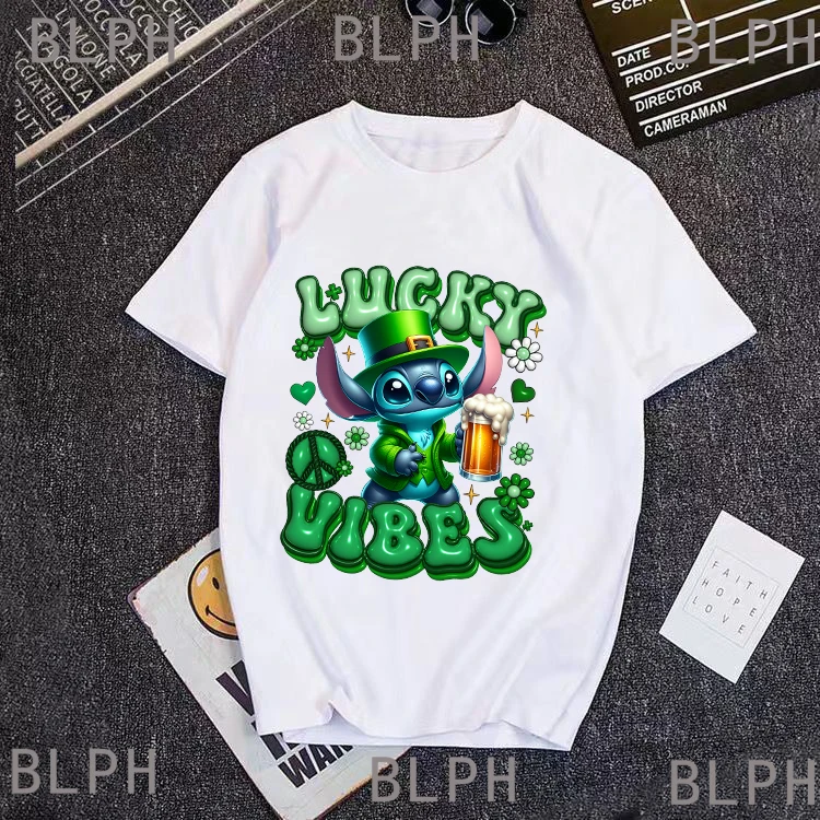 

Disney Stitch Lucky Clover Parent-Child T-Shirt Set - Soft Cotton Tops with Alien and Four-Leaf Clover Motifs