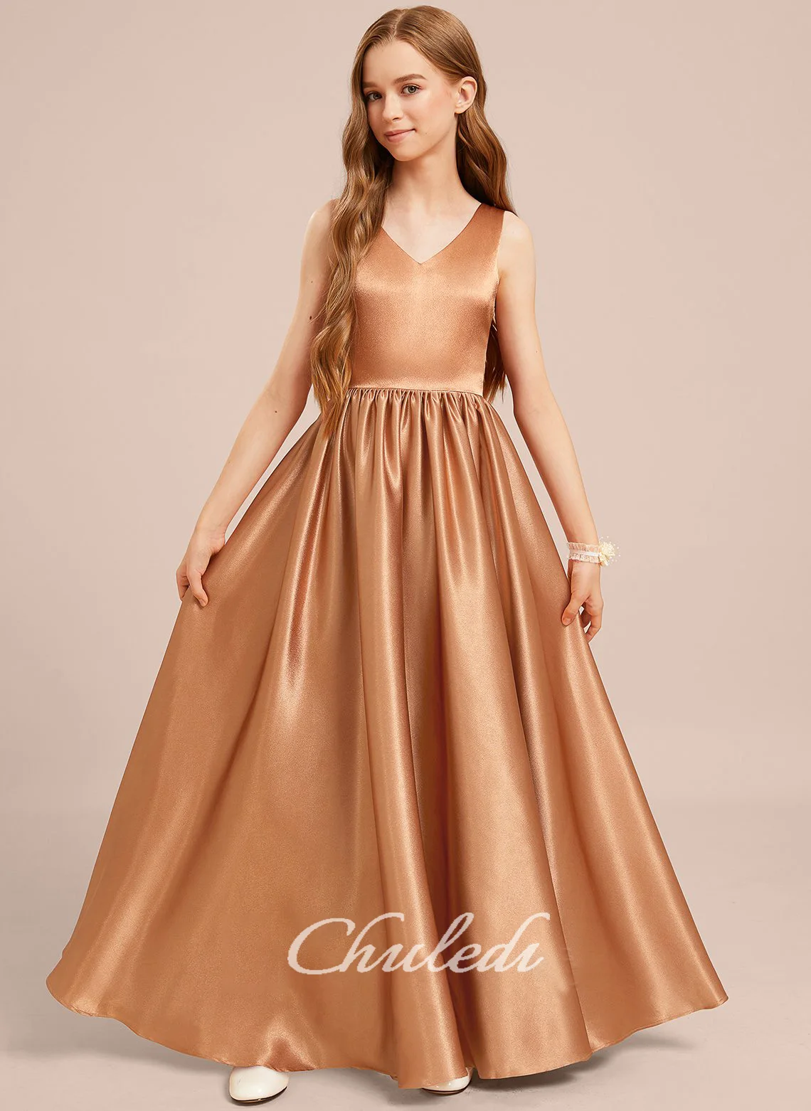 

A-line V-Neck Floor-Length Stretch Satin Junior Bridesmaid Dress With Bow