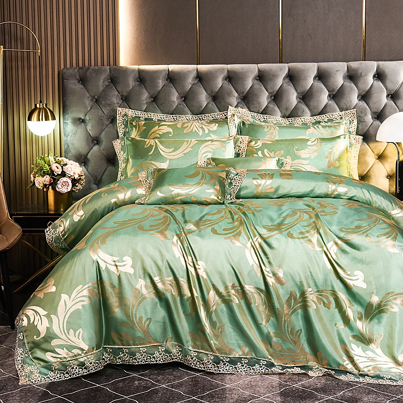 

Green Jacquard Satin Bedding Set Baroque Style with Lace Trim Duvet Cover Set King Queen Size for Home Decor 2 Pillowcases
