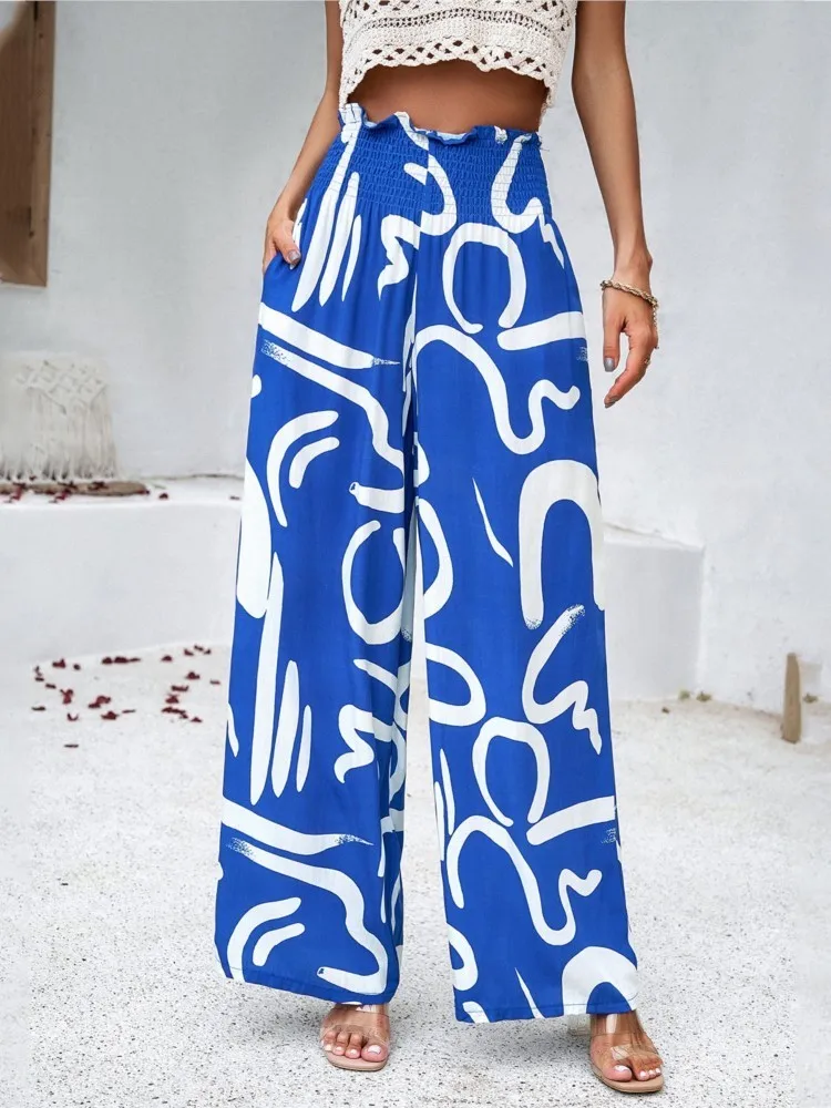 2024 Summer Print Floral Casual Pants Fashion Women Office Sweet High Waist Wide Leg Long Pants New 2024 Holiday Loose Trousers