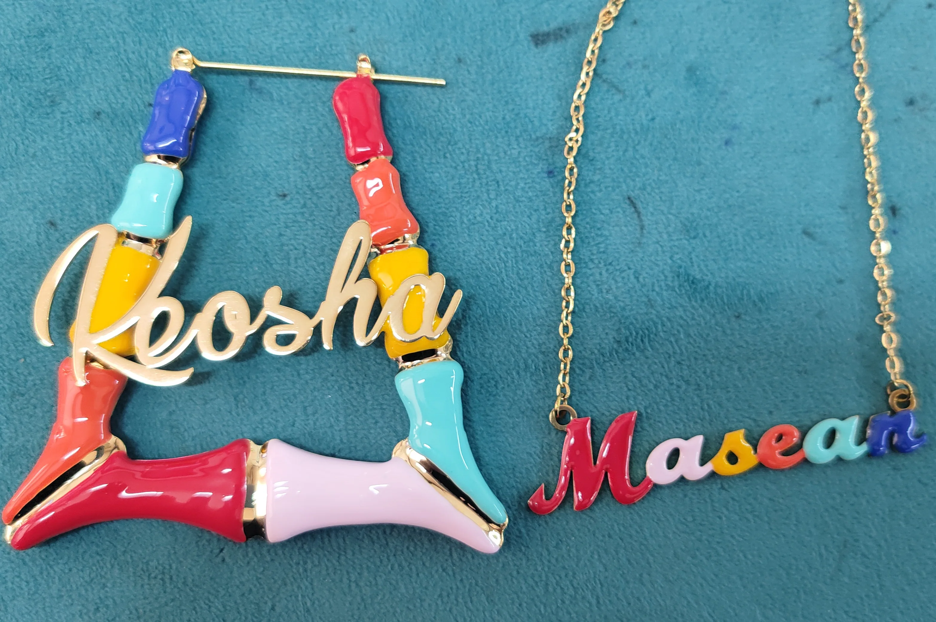 Colorful Rainbow Enamel Earrings Custom Name Necklace Personalized Hoop Name Trapezoid Earrings Color Oil  Set For Women Gifts