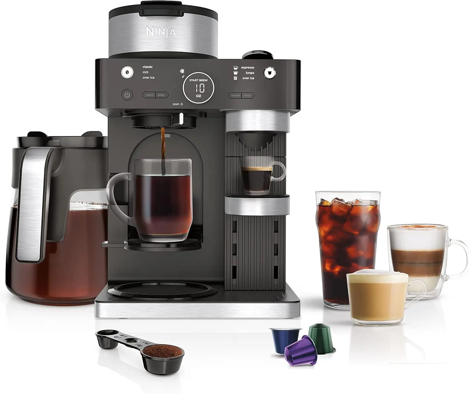

3-in-1 Espresso Maker with Built-in Frother, Compatible with Single-Serve Pods and Nespresso Capsules, Black