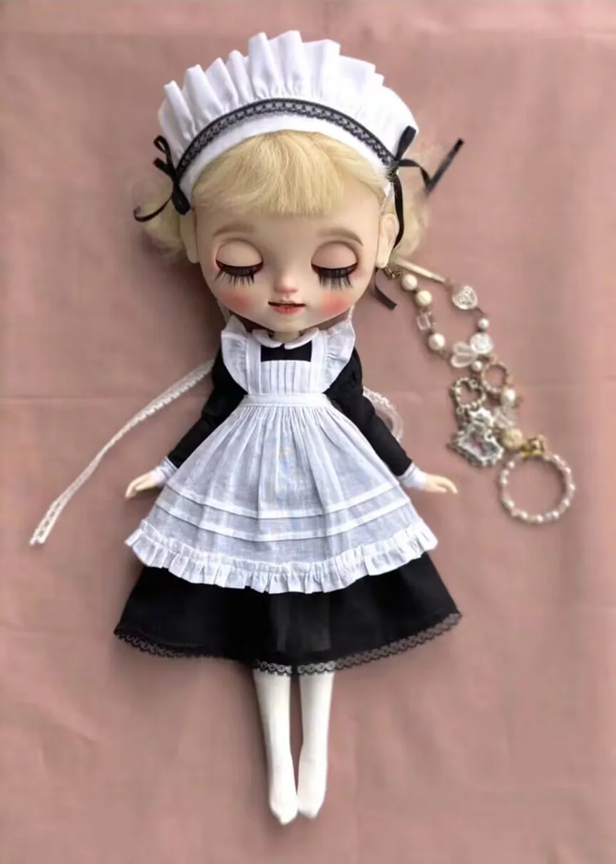 فستان خادمة 4 قطع Landoudou/Blythe أسود + مئزر + أغطية رأس + جوارب 1/6 30 سم (يصلح لـ azone، Pullip، Ob22/24/26، Licca)