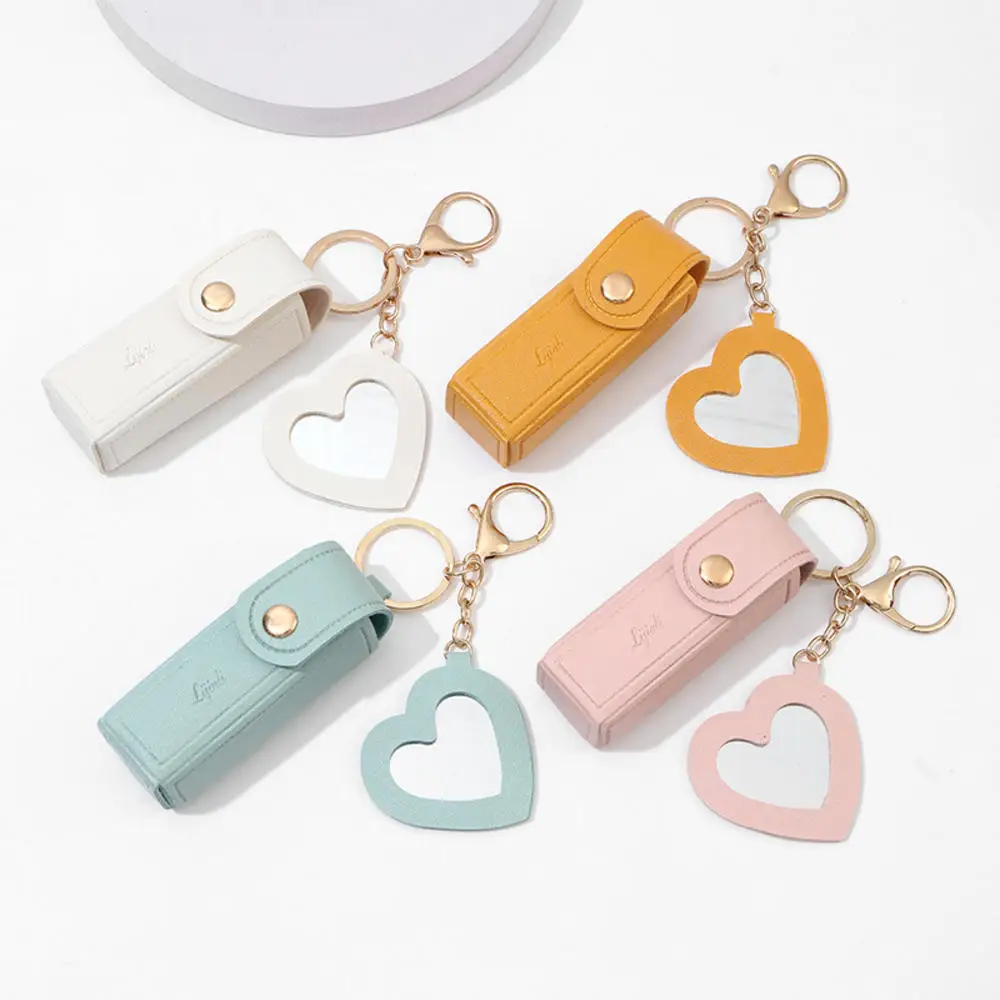 Mini Lipstick Bags With Heart Mirror Portable PU Small Cosmetic Case Glitter Lipstick Storage Protective Cover Bags Key Chain