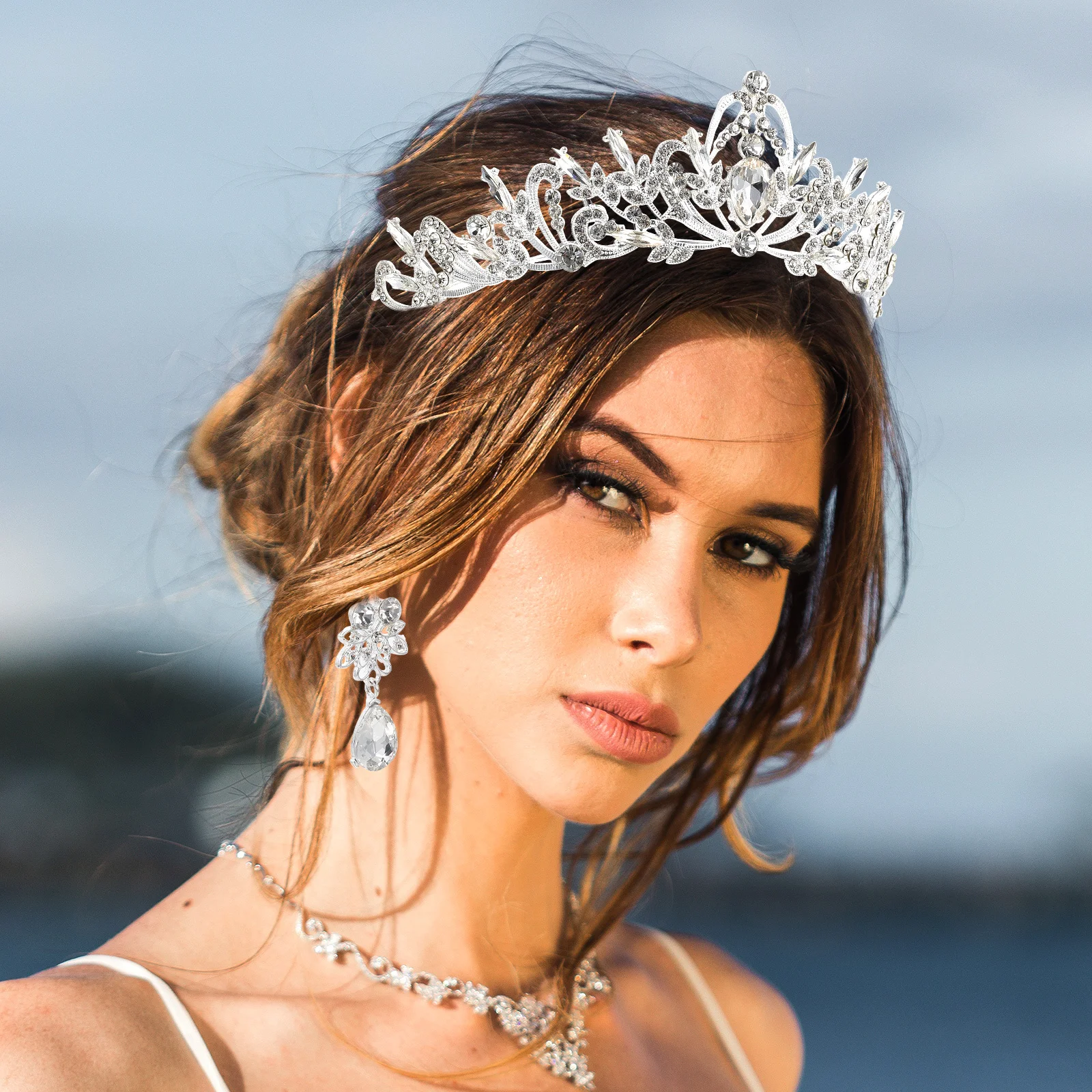 

1 Set Crown Necklace Earrings Kit Rhinestone Bead Inlaid Alloy Bride Wedding Headpiece Party Hair Decor Tiara For Women Bridal