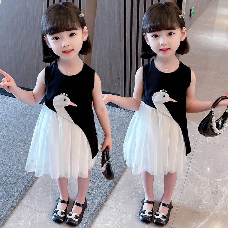 Elegant Girl Dress with Swan New Summer Infant Princess Dress for Children Clothing 3 4 5 7 9 11 13 14 Years