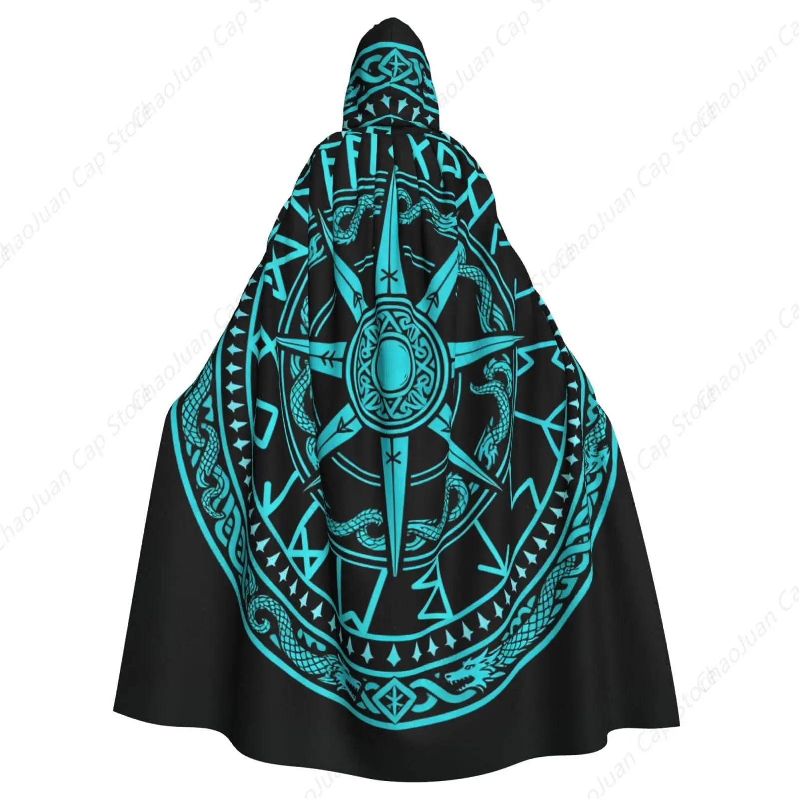 Blue Circle Viking Vegvisir Runic Compass Hooded Polyester Cloak for Christmas Cosplay Costume Adult Cloaks Cape Robe