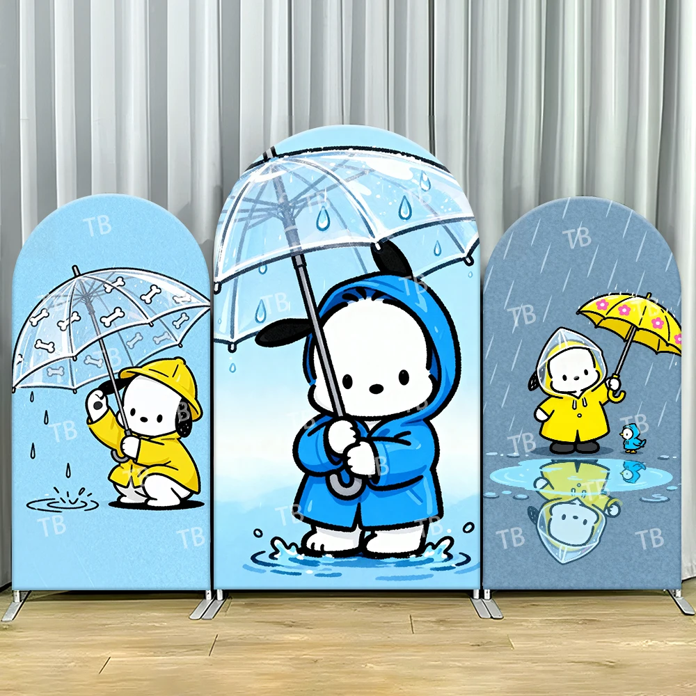 

Pochacco Arch Backdrop Cover Rainy Day Umbrella Cartoon Cozy Scene Style Birthday & Baby Shower Party Photo Booth