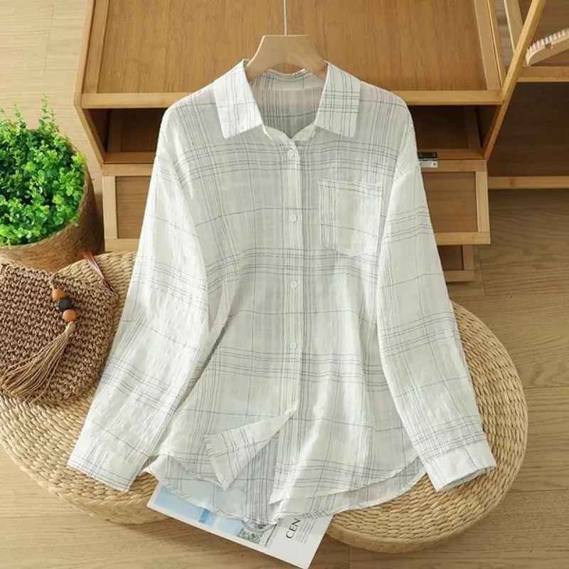 

Early Autumn Thin Artistic Cotton and Linen Plaid Long-sleeved Shirt Women's Casual Shirt Loose Top
