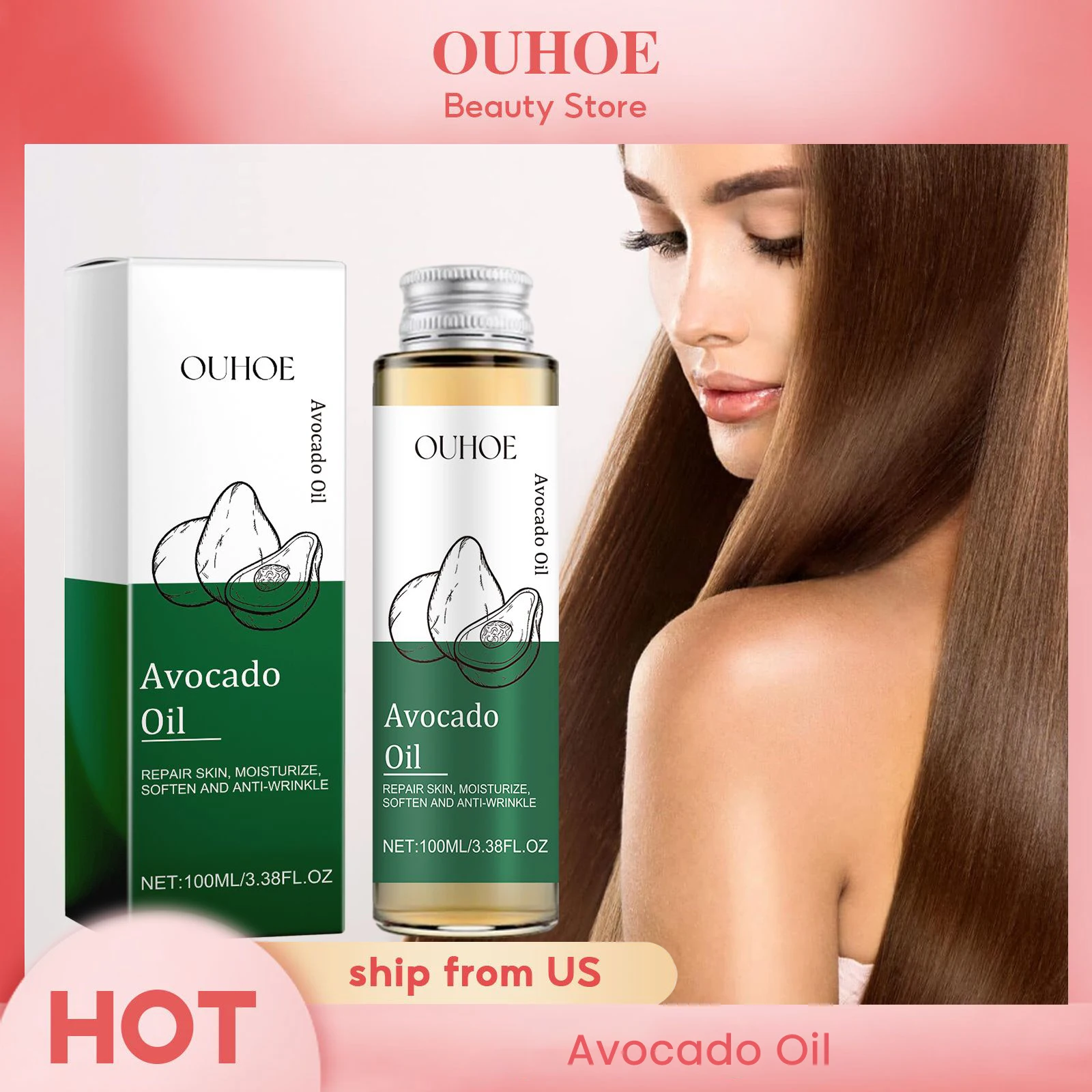 OUHOE Face Skin Recovery Care Body Massage Moisturizing Nourishing Brighter Organic Avocado Oil Shiny & Smooth Hair Carrier Oil