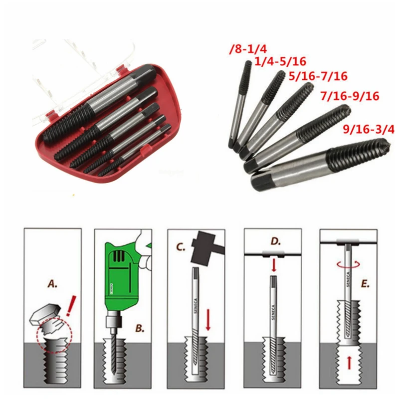 5Pcs Screw Extractor Center Drill Bits Guide Set Broken Damaged Bolt Remover Removal Speed Easy Set