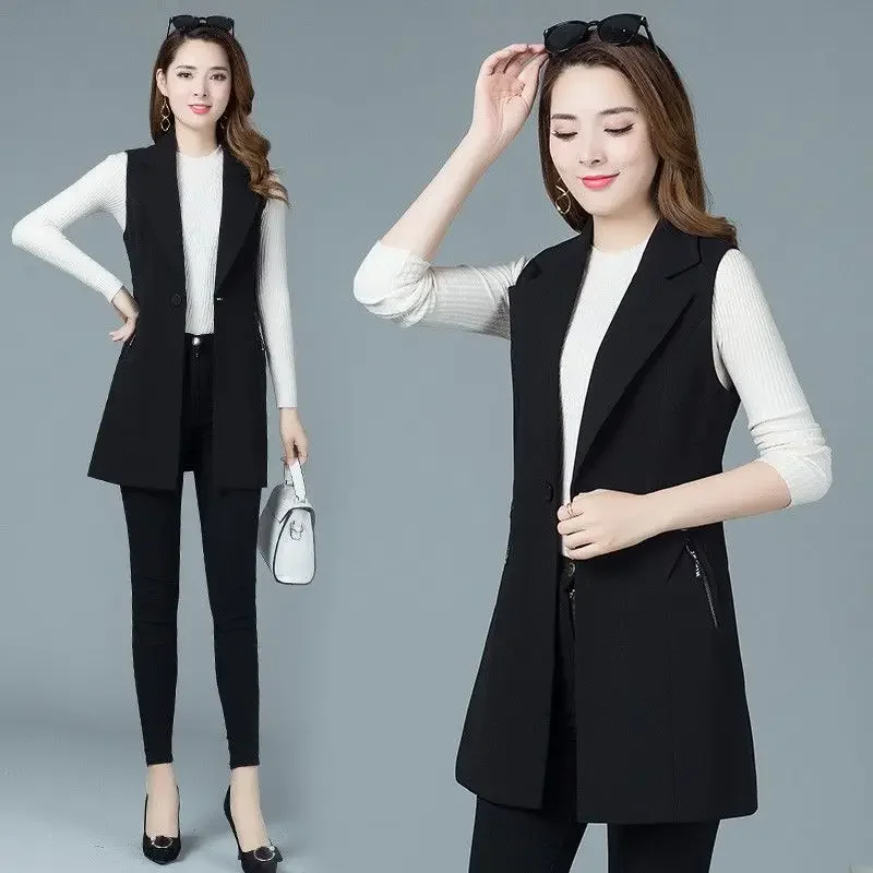 Classic Women Long Blazer Vest Elegant Office Lady Coat Female Waistcoat Casual Suits Sleeveless Jacket Pocket Outwear E244