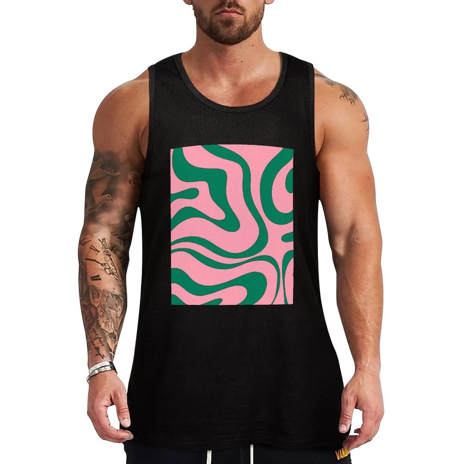 

Modern Retro Liquid Swirl Funky Abstract Pattern Pink and Green Tank Top Workout Gear Tank Top Sleeveless Gym Fitness Shirt