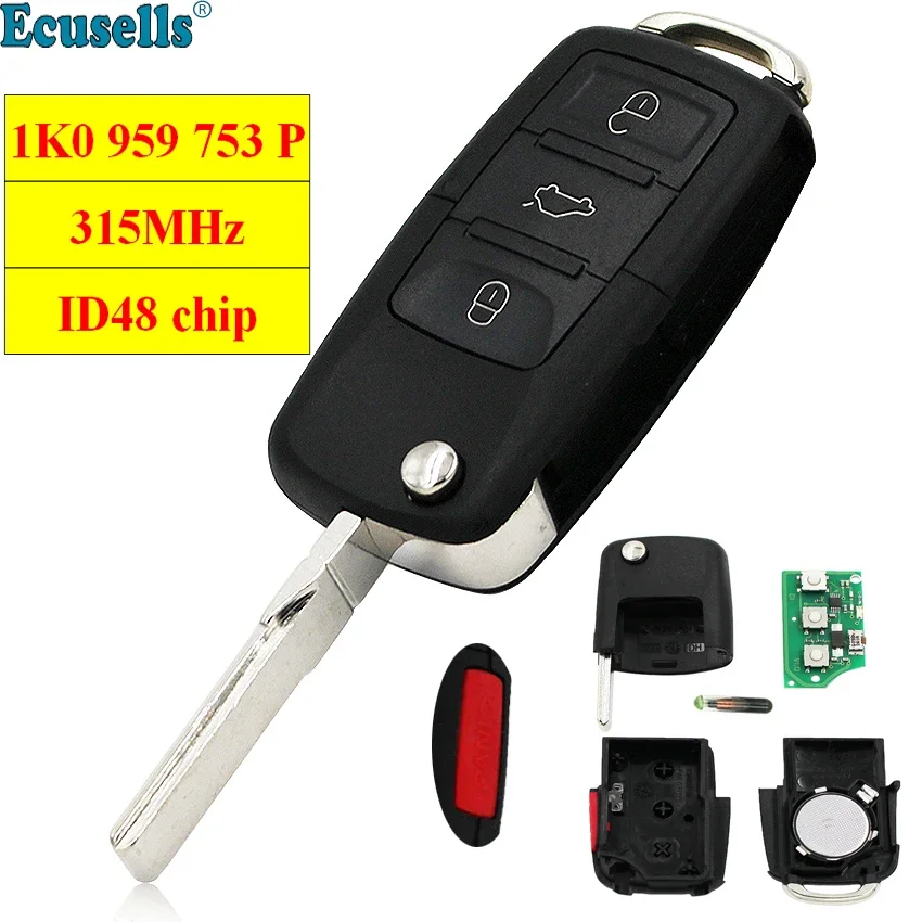 

3+1 BUTTON 315MHZ ID48 Chip Folding Flip Key Control Remote Transmitter for VOLKSWAGEN GOLF CC RABBIT 1K0 959 753 P 1K0959753P