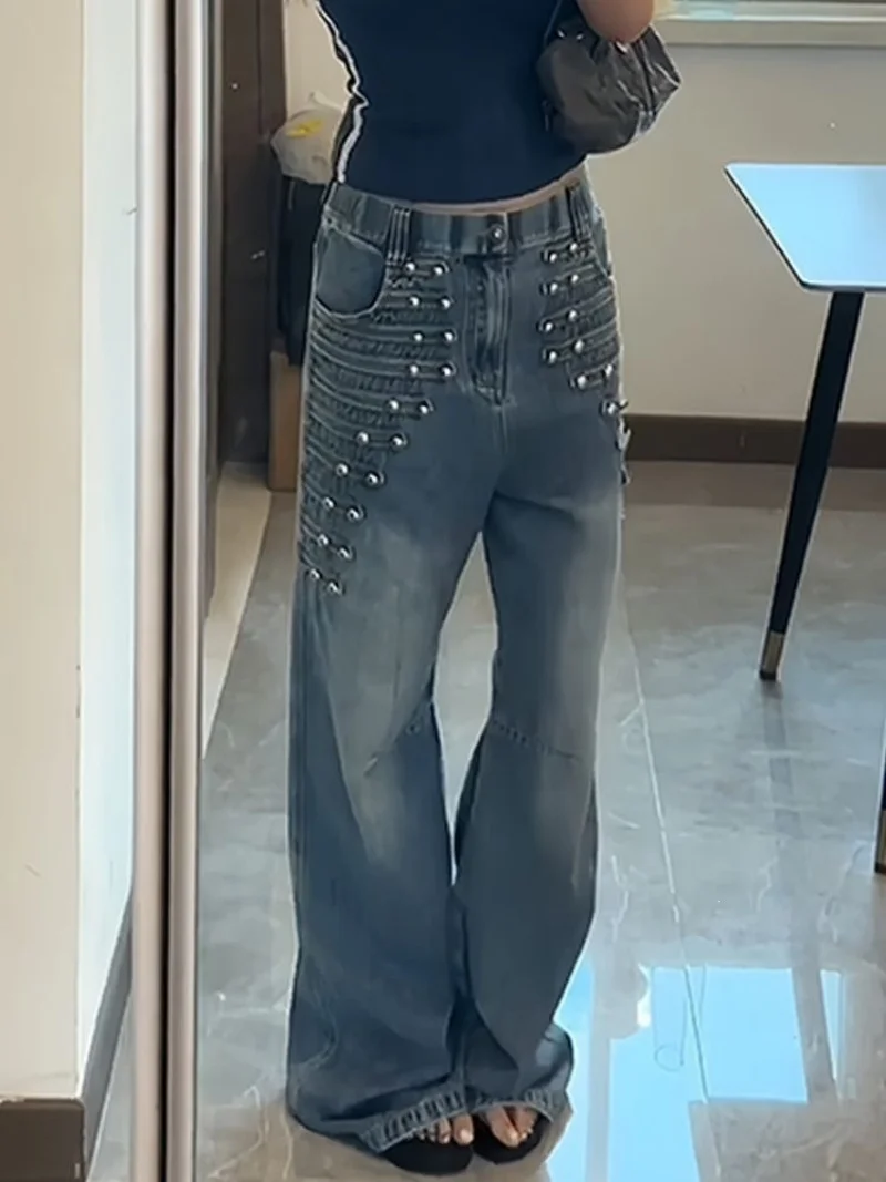 Street Retro Hot Girl Jeans Metal Buckle Straight Leg Wide Leg Pants Long Trousers for Trendy Women