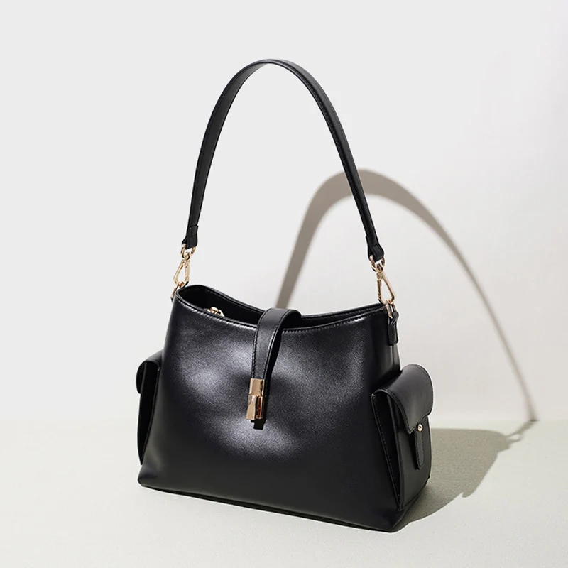 Luxury Stylish Genuine Leather Bucket Crossbody Bag Women Commuter Large Capacity Handbags Lady Multi-functional Shoulder Bag