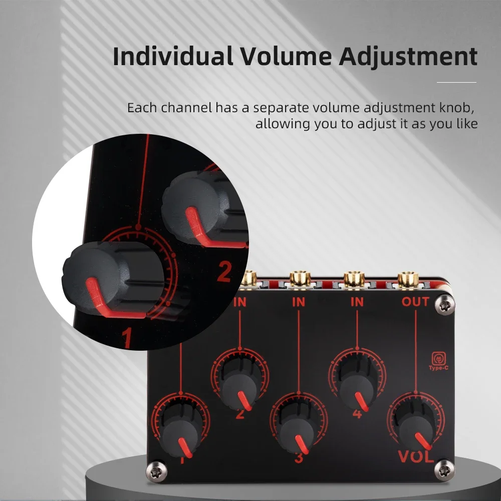 Mezclador de línea de 4 canales, consola mezcladora de sonido analógico portátil, mezclador estéreo de la más alta calidad de sonido, mini mezclador USB DC5V Power