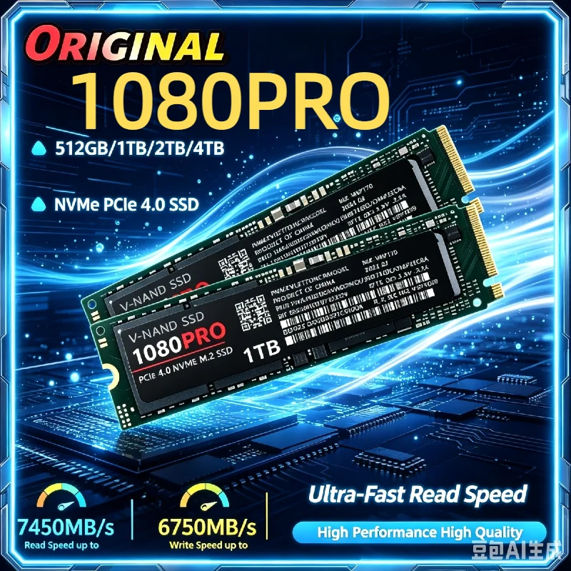 Original 1080Pro 512GB-2TB NVMe PCIe 4.0 M.2 2280 SSD 7400MB/s Hochgeschwindigkeits-Laufwerk für Gaming-PCs und Workstations