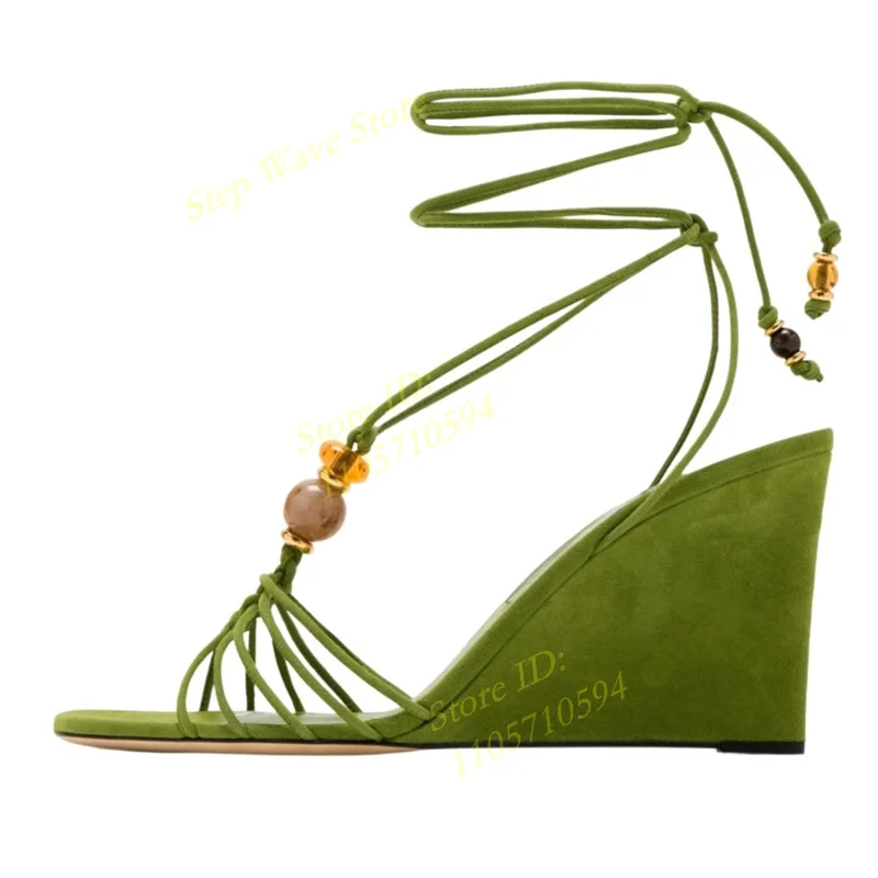 Narrow Strap Wedge Green Sandals Open Toe Pearls Decor Runway 2026 Summer Women Dress Shoes Handmade New Arrivals Shoes