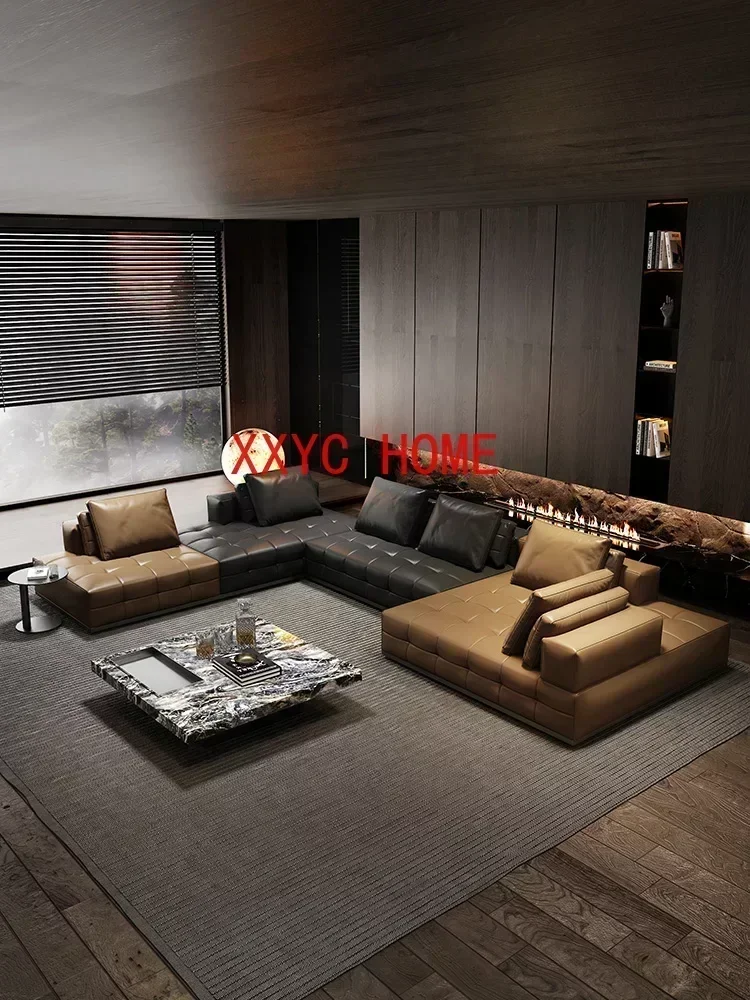 Leather Sofa Living Room Light Luxury Modern Simple Large Flat Villa