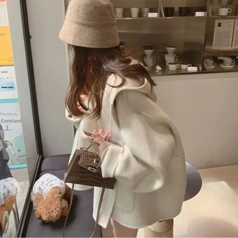 Women's Woolen Hooded Medium-length Loose-fit Cute Coat Jacket Autumn Winter Soft And Warm Hooded Overcoat Plush Outerwear